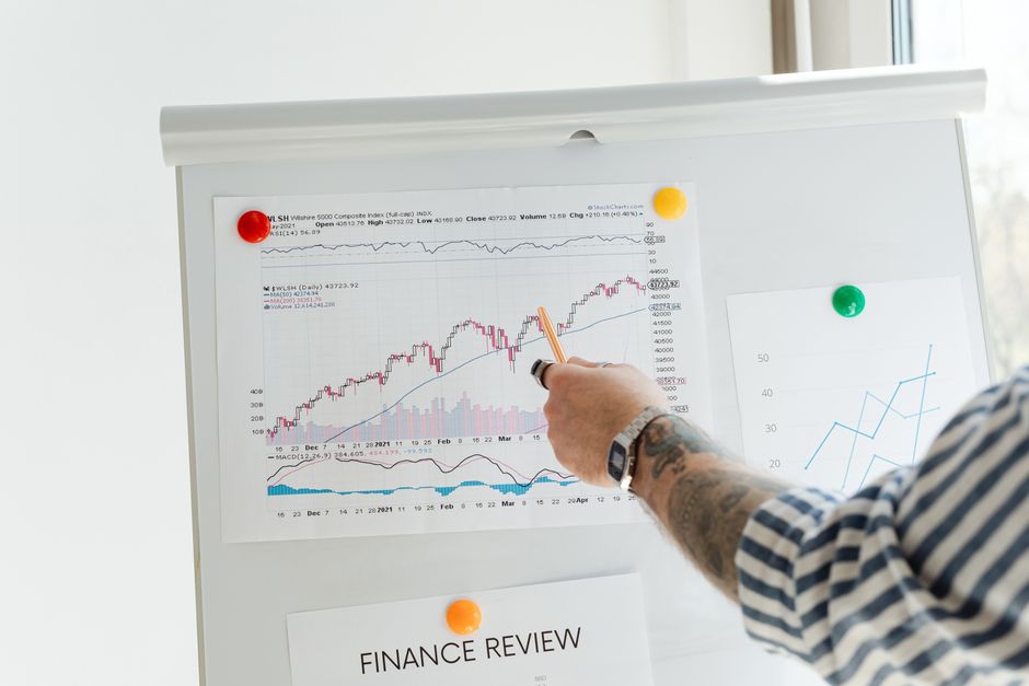 Osoba pokazuje na financijske grafikone i grafove na bijeloj ploči